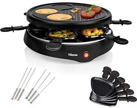 Appareil à raclette et grill avec surface à crêpes intégrée, convient pour 6 personnes, avec fourchettes Teppan, convient pour le camping 800 W