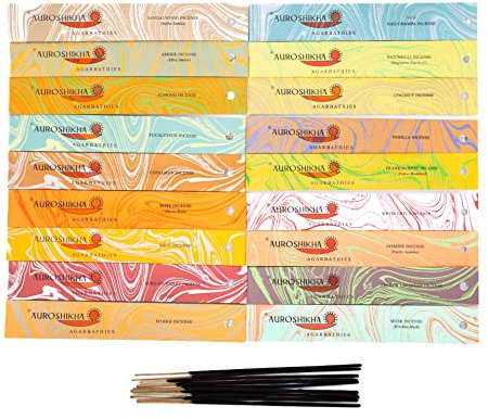Auroshikha - 190 Räucherstäbchen - Set mit 18 Düften: Patschuli, Salbei, Nag Champa, Jasmin, Lavendel, Moschus, Myrrhe, Opium, Rose, Sandelholz, Vanille, Lotus, Veilchen, Mandel, Bernstein, Kokos.
