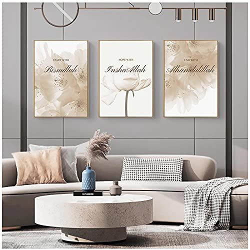 Toile Tableau Decoration Murale 50x70cm x3 Pièces sans Cadre Bismillah Toile Affiche Murale et Gravures Musulman Islamique Wall Art Peinture Tableau Decoration Murale Salon
