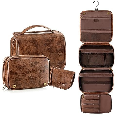 Elviros Trousse de Toilette pour Homme et Femme, Trousse de Voyage avec Grande Capacité avec Crochet, 3 en 1 Trousse de Maquillage Amovible en Cuir PU Imperméable, 28 x 22 x 10 cm Marron Foncé