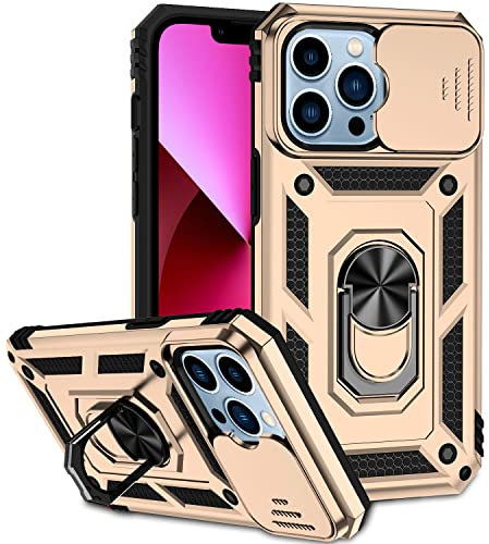 Hitaoyou iPhone 13 Pro Case with Camera Cover & Kickstand, Military Grade Shockproof Heavy Duty Protective with Magnetic Car Mount Holder, Gold