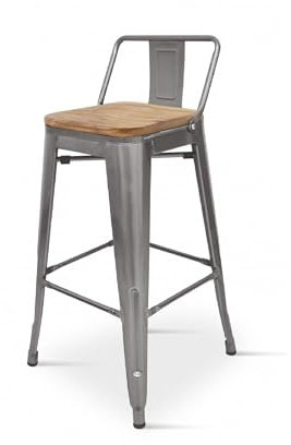 Kosmi - Barstuhl, mittelgroßer Hocker im Industriestil mit Kleiner Rückenlehne aus unbehandeltem Metall in verzinkter Optik und Sitzfläche aus hellem Naturholz Höhe 66cm
