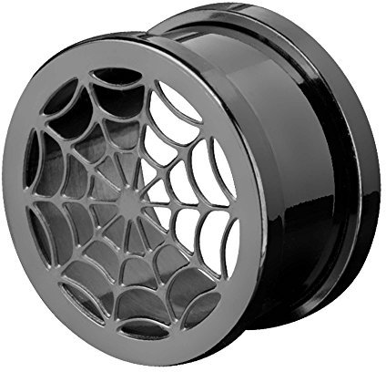 Piercingfaktor Ohr Plug Flesh Tunnel Piercing Ohrpiercing Edelstahl mit Spinnennetz Schwarz 18mm