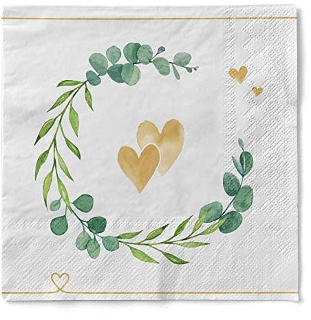 Sovie HOME Serviette Eukalyptus/Herz aus Tissue, 33 x 33 cm, 3-lagig, 20 Stück – Servietten mit Eukalyptuskranz & goldenen Herzen – romantische Tischdeko für Hochzeit, Feier, Brunch