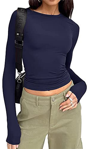 Women's Slim Fit Crop Tops Casual Solid Color Crew Neck Long Sleeve Tight T-Shirt Basic Blouse Tee Tops (Navy Blue, M)