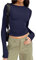 Women's Slim Fit Crop Tops Casual Solid Color Crew Neck Long Sleeve Tight T-Shirt Basic Blouse Tee Tops (Navy Blue, M)