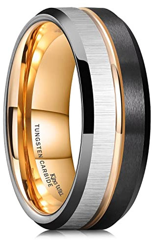 King Will Loop Tungsten Carbide Ring for Men Women Centre Rose Gold Groove Wedding Bands Surface Silver Transverse Stripes Brushed Finish And Black Matte Rose Gold Comfort Fit 9.5