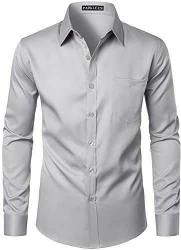 PARKLEES Chemise boutonnée élégante à coupe ajustée, manches longues et poche, style urbain, décontracté ou affaires, pour hommes, gris clair, XXL