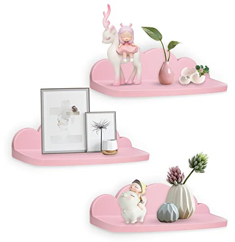 Pyjacos Plastik Wandregal Schweberegal 3er Set Wall Shelf hängend kreativ für Schlafzimmer Wohnzimmer Küche und Flur Wolken wandbrett Kleine Größe,Wolken,45cm,Plastik,rosa-L