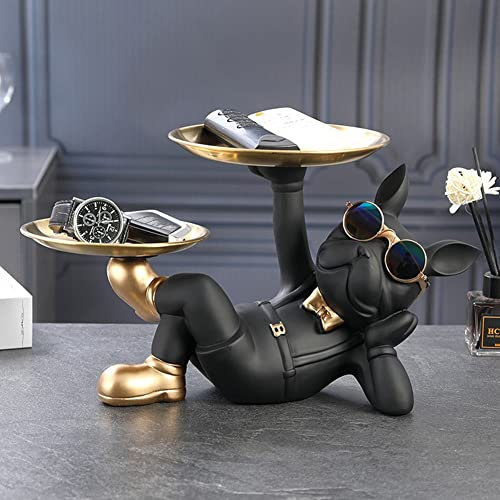 Bulldogge Tablett Deko, Harz Coole Französische Bulldogge Figur mit Tablett, Hunde Skulptur Aufbewahrungsbox für Schlüssel Süssigkeit, Moderne Kunst Statue Home Desk Ornament (C-Schwarz)