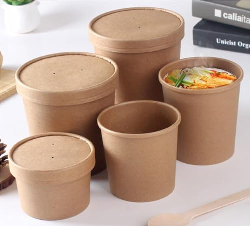 HOT BARGAINS Brown Kraft Disposable Soup Cups Containers with Lids Paper Soup Bowls Size of 12oz Takeaway Tubs for Ice Cream, Dessert and Deli Containers (12oz, 250, Count)