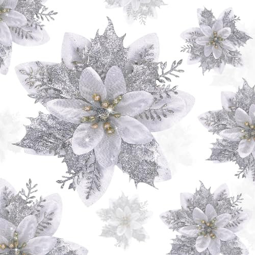 YSUVIN Flores de Navidad para Decorar, 10 Pcs Plata Árbol de Navidad Decoraciones Glitter Flor, Flores Artificiales de Navidad con 10 Pcs Clip para Navidad Boda Fiesta de Año Nuevo (14cm)