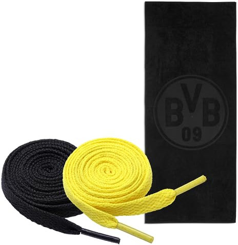 King of Trade BVB Badetuch schwarz 70 x 180 cm + 2 Paar Fan-Schnürsenkel