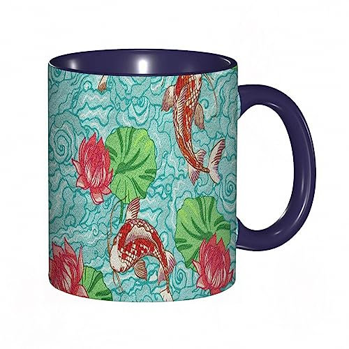 RFSHOP Taza de café Koi Fish Lotus Leaf Lake Water Natural Japonés Ukiyo-E Dreamy Colorful Bright Print 11oz Taza de té de cerámica con asa para el hogar, oficina, Navidad, cumpleaños