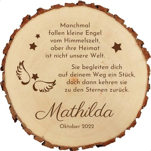 Baumscheibe 23cm mit Gravur (Namen) personalisierte Holz-Gedenkplatte Sternenkinder Grabdeko Grabschmuck Trauer Andenken an verstorbene Kinder Grab-Dekoration MotivTR11