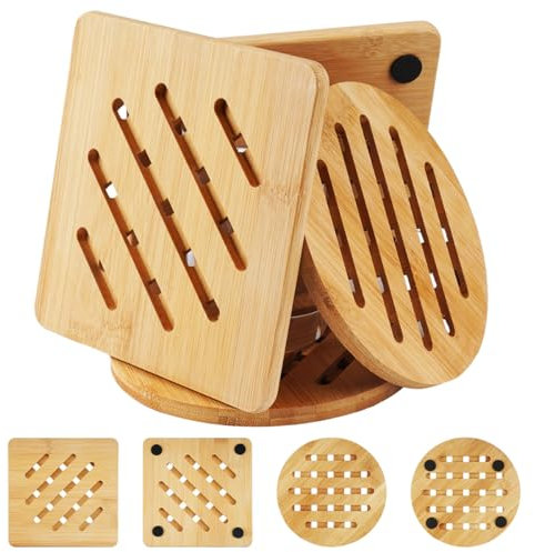 HIKPACKER Lot De 4 Dessous De Plat Bambou Résistant À La Chaleur, Dessous De Plat Bois, Dessous De Plats Antidérapant, sous Plat De Table 2 Dessous De Plat Ronds Et 2 Carrés pour Théières, Bols