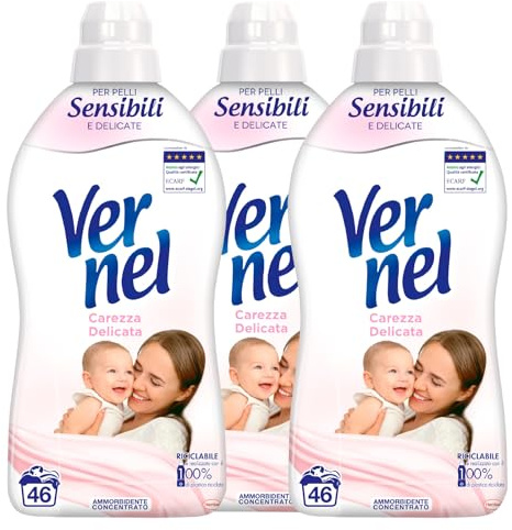 Vernel Carezza Delicata Ammorbidente Concentrato per Lavatrice Ipoallergenico Senza Coloranti per Pelli Sensibili Bucato Morbido Profumato 46 Lavaggi - 3 Flaconi da 1,15 Litri