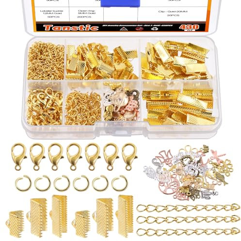 Tanstic 430Pcs Gold Ribbon Ends Fastener Clasps Kit, Bookmark Pinch Crimp Ends with Open Jump Rings, Lobster Claw Clasps, Chain Extenders and Pendant Charms for DIY Crafts