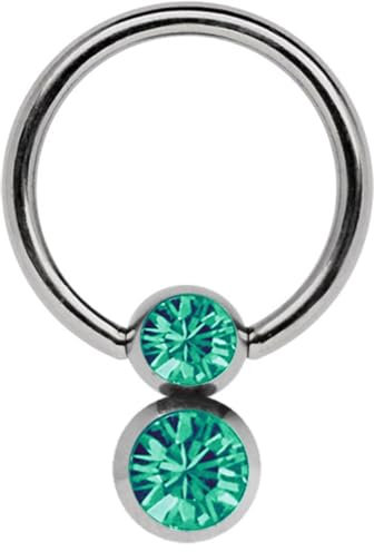 Titan Piercing Ring 1,6 x 14 mm mit 5/6 mm Doppel-Steinkugel in grün-türkis