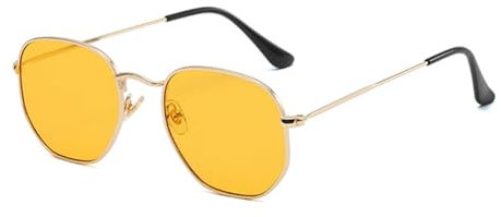 WDZAYXC Mode polygonale Sonnenbrille für Damen und Herren,Leicht Metallrahmen Brille,UV400 Schutz (Gold/Orange)