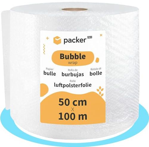 packer PRO Rouleau de papier bulle en plastique pour emballage, 50 cm de large (A) et 100 m de long (L). Papier bulle idéal pour les déménagements, l'emballage et l'expédition
