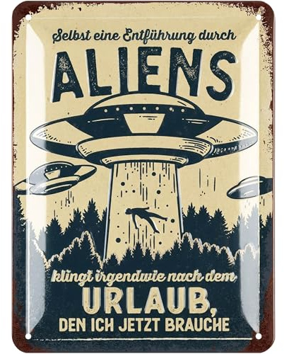 LANOLU Retro Blechschild ALIEN URLAUB, vintage Metallschilder mit Sprüchen, Shabby Chic Deko Küche und Garten, lustige Schilder aus Metall 15x20cm