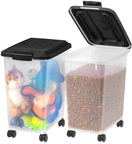 IRIS USA Dog Food Storage Container, 2 Pack, Up to 30 lbs Each, Airtight Seal for Freshness, Wheels for Rolling, Easy One Hand Opening, Made in USA, BPA Free, Clear/Black