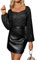 Kate Kasin Damen Pailletten Bluse Langarm Wickelbluse Party Glitzer Tops Festliche Cocktail Oberteile Quadratischer Kragen