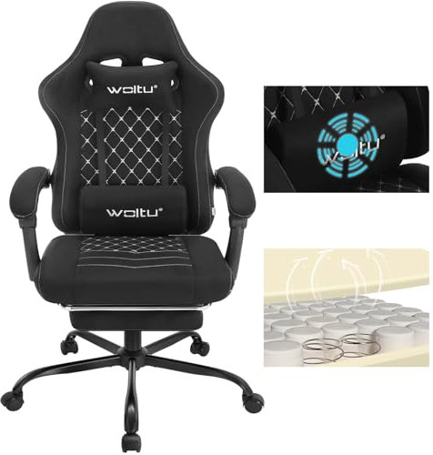 WOLTU Gaming Stuhl mit Massagefunktion, Computerstuhl Ergonomisch, Taschenfederkissen, Lendenmassage, Kopfkissen, Fußstütze, Drehstuhl, 150 kg, Tech-Stoff, Schwarz+Weiß