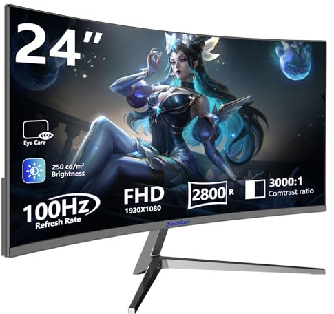 Sealan 24 Inch Curved Monitor FHD 1920 x 1080p 100Hz Screen 99% sRGB Refresh Rate 3ms Support VGA HDMI Home Office Game Monitor Sync Visual Experience, Support Wall Mounted Installation