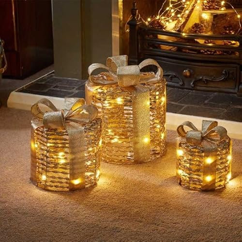 Marco Paul Set of 3 Novelty Gold Faux Gift Boxes LED Fairy Light Sparkle Warm White LED Lights Christmas Decorations Light Up Home Decor Festive Decorative Box Pre Lit Xmas Ornaments Battery Powered