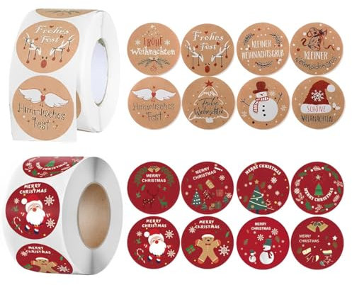 1000 Stück Sticker Weihnachten, Aufkleber Weihnachten Weihnachtssticker Weihnachtsaufkleber Selbstklebend Aufkleber Rolle Kraft Papier Stickers, für Weihnachtskarten Geschenktaschen Papiertüten