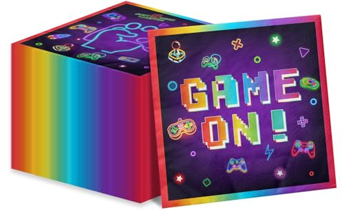 Lot de 100 serviettes en papier jetables pour jeux vidéo - 33 x 33 cm - Décorations d'anniversaire - Serviettes en papier jetables pour joueurs, fête prénatale, jeux et anniversaires