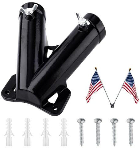 PEUTIER Double Flag Pole Bracket Holder, V Shape Premium Aluminum Alloy Flagpole Holder Mounting Bracket Heavy Duty Flagpole Carrier Double Slot Double Flag Pole Bracket Holder(Black)