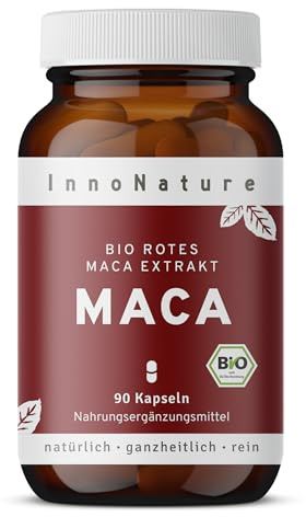 InnoNature Bio rotes Maca-Extrakt Kapseln | Rotes Maca aus rein natürlichen Inhaltsstoffen | 90 Kapseln, 450 mg Extrakt pro Kapsel | glutenfrei, vegan, ohne Zusätze