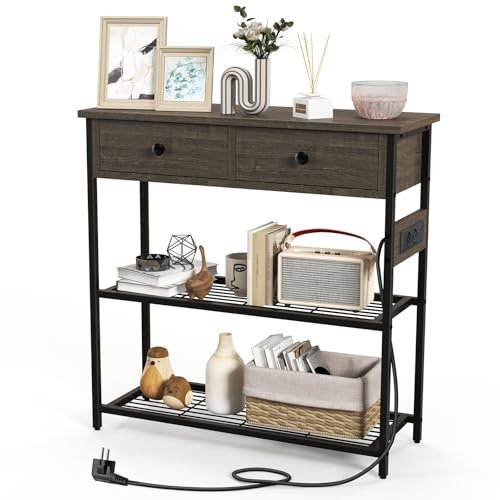 COSTWAY Konsolentisch mit Ladestation, Flurtisch mit 2 Schubladen & 2 Metallgitterablagen, mit Steckdosen & USB & TypeC-Anschlüssen, Beistelltisch Vintage (grau)