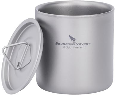 iBasingo 120ml Titan Becher Doppelwandige Tassen mit Deckel Ultraleichte Stapelbare Metall Tee Kaffee Trinkbecher Langlebige Tragbare Getränke für Outdoor Camping Reisen Täglich Verwendet Ti3240D