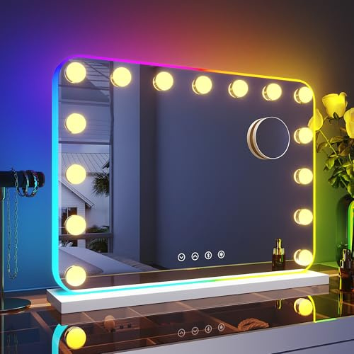 SUNXURY 58x43cm Hollywood Spiegel mit RGB Beleuchtung Schminkspiegel mit 3 Farbtemperatur Licht und 10X Abnehmbare Lupe, Bluetooth, Wandmontiert oder Freistehend