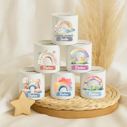 Personalisierte Spardose mit Namen – Regenbogen & Boho Motiv – Heißluftballons, Blumen & Wolken – Kinder Spardose Keramik – Geschenk zur Taufe & Geburt – Sparschwein Kinder