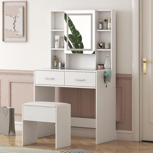 Salutmeuble Schminktisch-Set mit 2 Schubladen, 4 Regalen, LED-Touchspiegel mit dreifarbiger Dimmung, mit Mehrfachsteckdose, Halterung für Haartrockner, Tisch aus Glas (weiß)