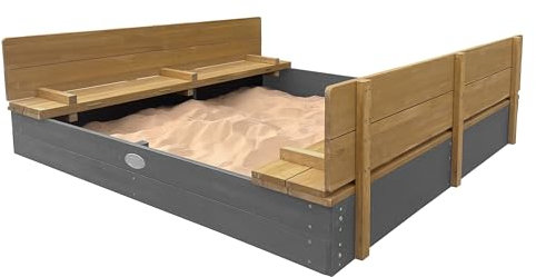 AXI Sandkasten Ella XXL aus Holz mit Deckel, Grau und Braun | Sand Kasten mit Sitzbank & Abdeckung für Kinder | 150 x 150 x 20 cm.