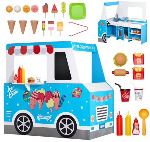 VEVOR Ice Cream Cart for Kids, 20+ PCS Ice Cream Truck Wooden Playset, Pretend Play Stand with Steering Wheel & Chalkboard, Payment Scanner & Freezer, Faucet & Sink, Suitable for Kids 3-7 Years Old