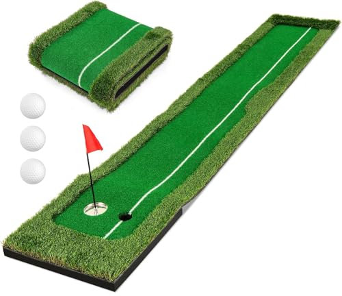 COSTWAY 10FT Premium Putting Green, Professional Golf Practice Mat with Artificial Grass Turf, 3 Golf Balls and 2 Holes, Indoor Outdoor Golf Training Mat