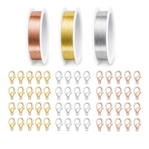 63 Stück Schmuckdraht 0,3mm, Basteldraht Dünn mit 60 Karabinern | 3 Rollen je 15m, Gold Silber Kupferfarben, passende Verschlüsse, weicher Kupferdraht, für Schmuckherstellung und DIY