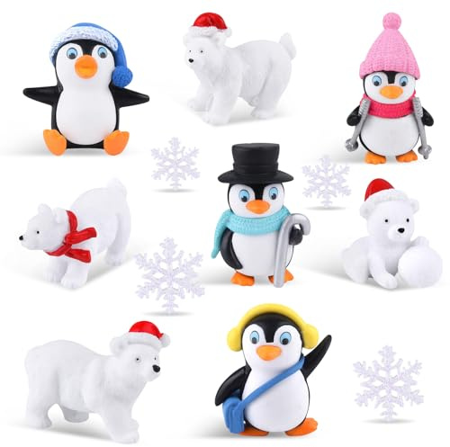 12 Stück Weihnachten Miniatur Ornamente, Weihnachtsdeko Figuren Harz, Winter Pinguin Ornamente, Schneeflocken Eisbären Figuren, für Tischdeko DIY Weihnachten Deko Puppenhaus Blumentopf Dekoration