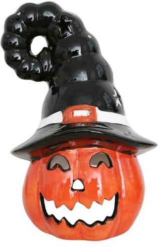 Logbuch-Verlag Großer Halloween Kürbis mit Hexenhut – aus Keramik – 22 cm hoch – Orange/Schwarz – Dekofigur mit Gesicht – Herbstdeko für Tisch, Fenster oder Eingangsbereich