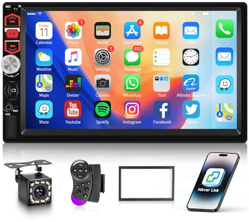 Hodozzy Radio para Coche con Pantalla Táctil Bluetooth 7 Pulgadas 2 DIN, con Mirror Link/Radio FM/EQ USB/TF/AUX SWC, Universal Radio Coche MP5 Reproductor Multimedia Autoradio con Cámara Marcha