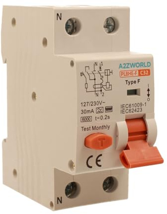 Interruttore Differenziale Magnetotermico Tipo F 32A C32, RCBO Tipo F Curva C 6kA 30mA, 1P+N 2 Moduli DIN, Per Pompe di Calore,Climatizzatori,Lavatrici,Motori controllati da Inverter