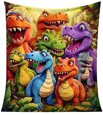 ALKNOT 130 * 150cm Weiche Flanell-Decke, Lustige Kuscheldecke mit Lächelnden Dinos im HD-Druck, Leichte gemütlich Wärmedecke als Geburtstags für Dino-Fans