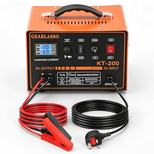 GEARLASSO Caricabatterie per auto, 12 V/24 V, 0-15 A, con display LED, protezione multipla e spegnimento automatico, per auto, furgoni, moto, barca, batterie AGM, gel e piombo-acido